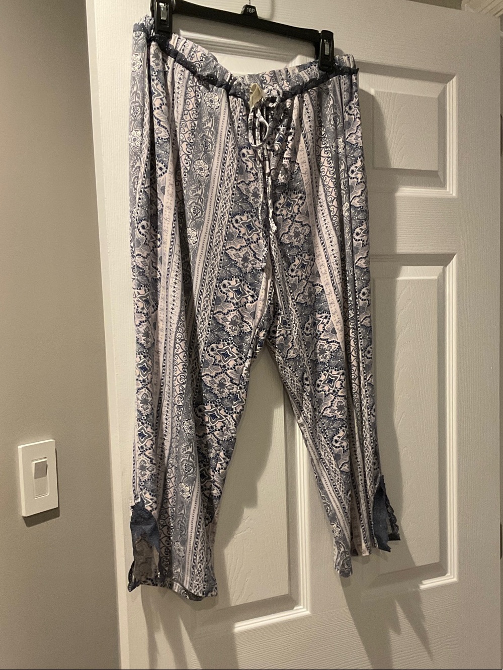 Boho Printed Drawstring Lounge Pants in Blue and White